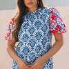 Clearance Dear-Lover Western Fashion Print Floral Puff Sleeve Frilled Neck Blouse Blue