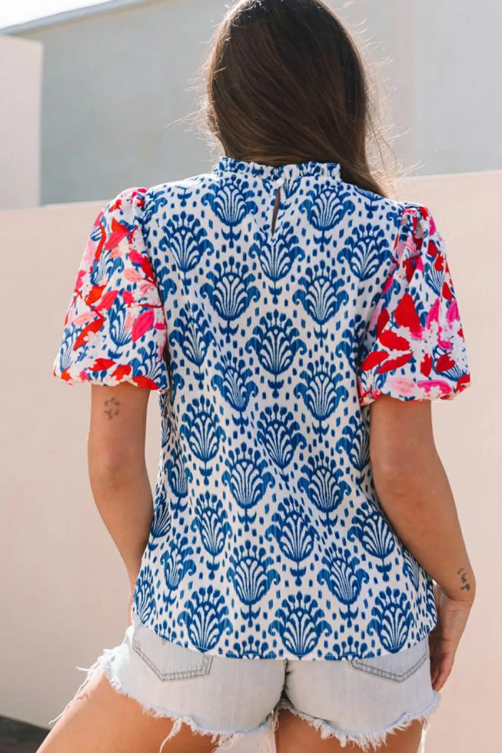 Clearance Dear-Lover Western Fashion Print Floral Puff Sleeve Frilled Neck Blouse Blue
