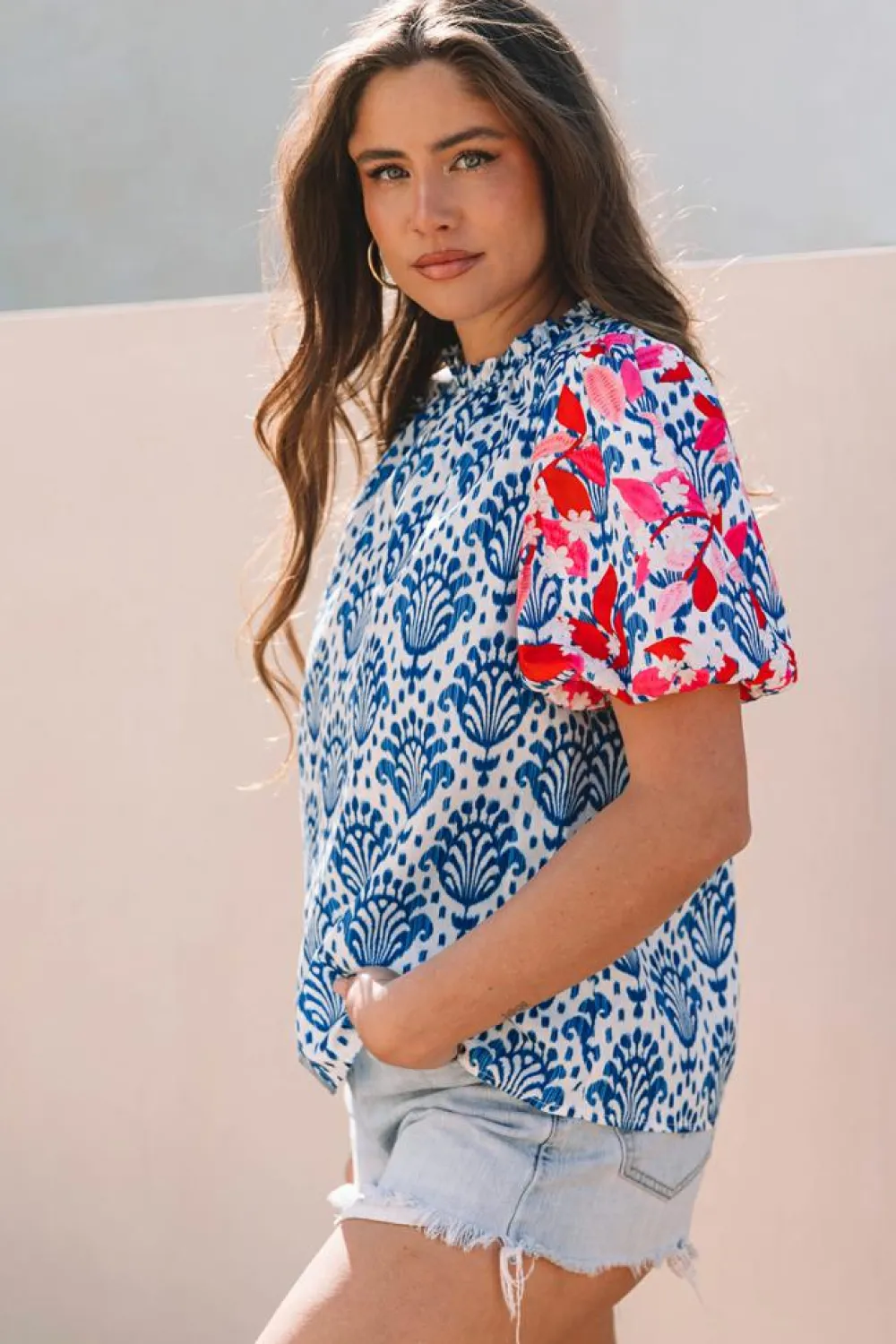 Clearance Dear-Lover Western Fashion Print Floral Puff Sleeve Frilled Neck Blouse Blue