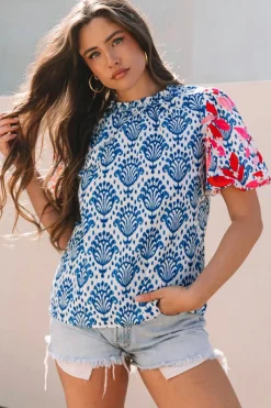 Clearance Dear-Lover Western Fashion Print Floral Puff Sleeve Frilled Neck Blouse Blue