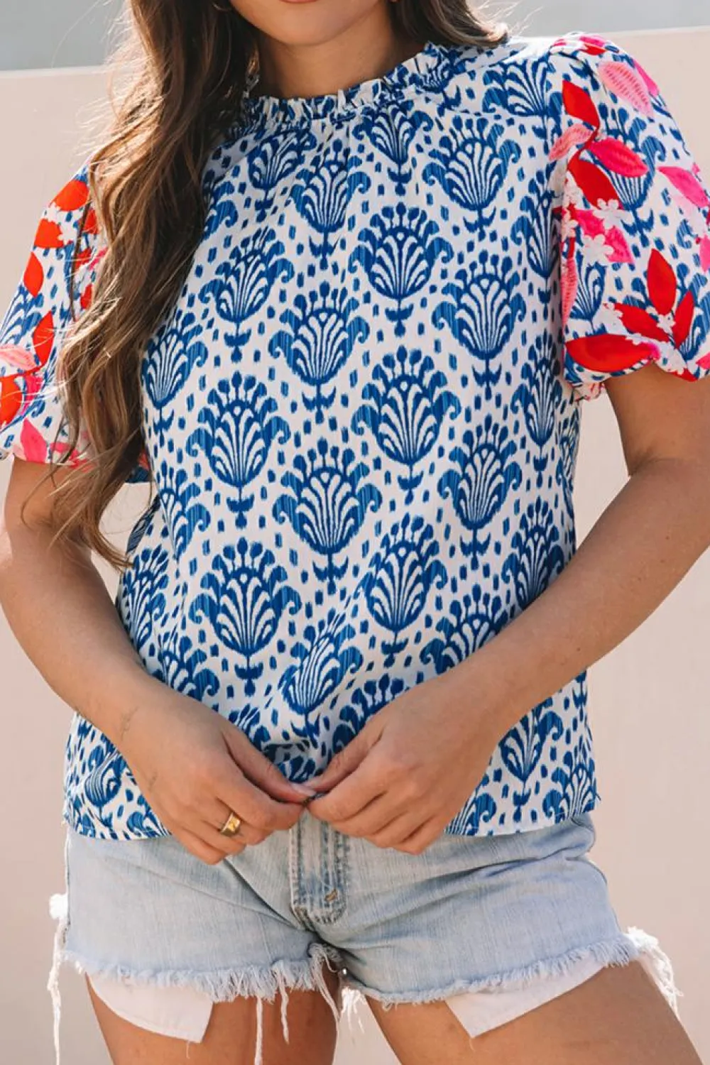 Clearance Dear-Lover Western Fashion Print Floral Puff Sleeve Frilled Neck Blouse Blue