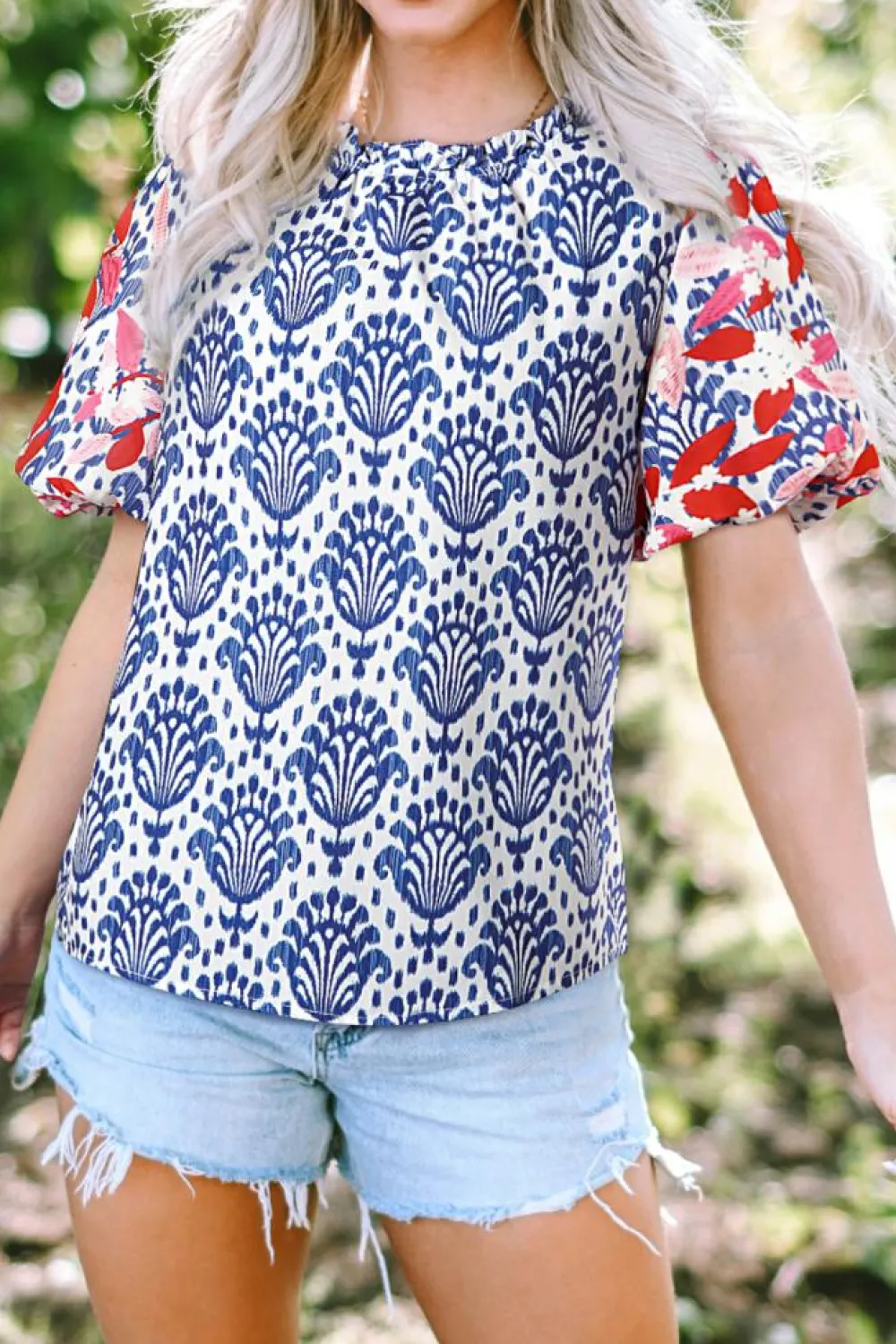 Clearance Dear-Lover Western Fashion Print Floral Puff Sleeve Frilled Neck Blouse Blue