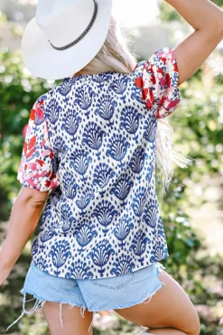 Clearance Dear-Lover Western Fashion Print Floral Puff Sleeve Frilled Neck Blouse Blue