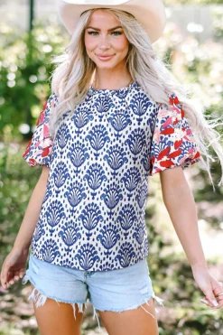 Clearance Dear-Lover Western Fashion Print Floral Puff Sleeve Frilled Neck Blouse Blue