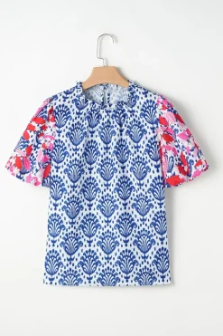 Clearance Dear-Lover Western Fashion Print Floral Puff Sleeve Frilled Neck Blouse Blue