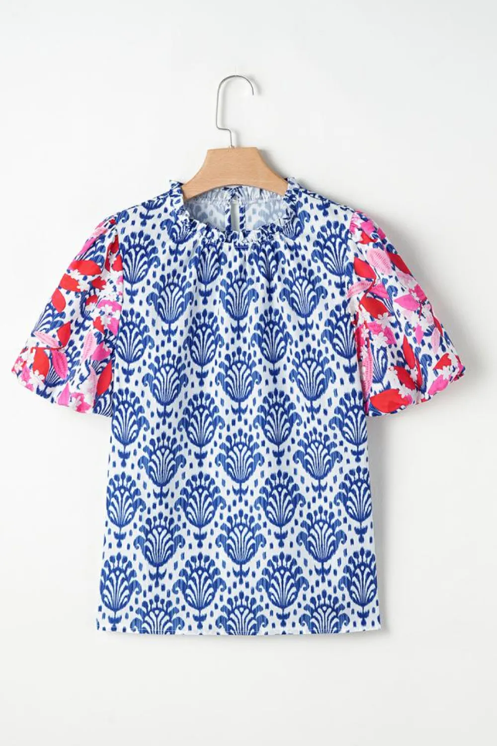 Clearance Dear-Lover Western Fashion Print Floral Puff Sleeve Frilled Neck Blouse Blue