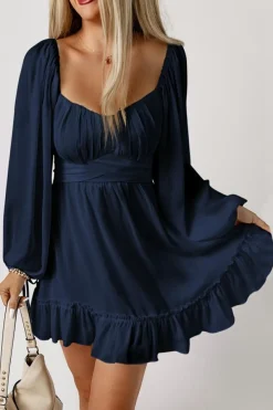 Fashion Dear-Lover White Plain Ruffled High Waist Square Neck Mini Dress Blue