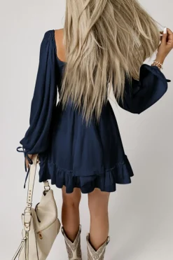 Fashion Dear-Lover White Plain Ruffled High Waist Square Neck Mini Dress Blue