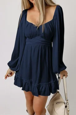 Fashion Dear-Lover White Plain Ruffled High Waist Square Neck Mini Dress Blue