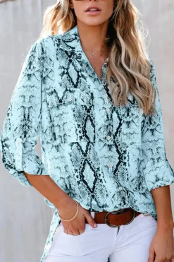 Discount Dear-Lover Wild Snake Print Shirt with Pockets Blue