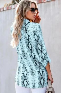 Discount Dear-Lover Wild Snake Print Shirt with Pockets Blue