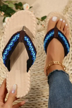 Clearance Dear-Lover Woven Strap Flat Flip Flops Blue