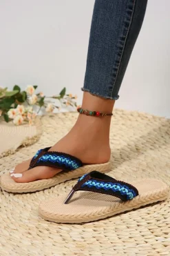Clearance Dear-Lover Woven Strap Flat Flip Flops Blue