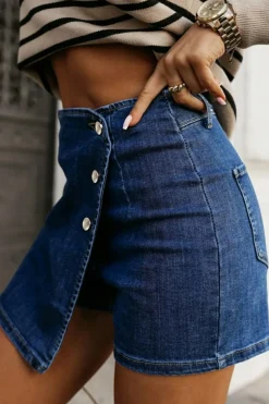 Online Dear-Lover Asymmetric Wrapped Buttoned High Waist Denim Shorts Bluing