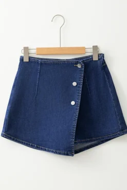 Online Dear-Lover Asymmetric Wrapped Buttoned High Waist Denim Shorts Bluing