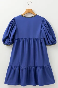 Clearance Dear-Lover Colorful Striped Trim Puff Sleeve Pleated Mini Dress Bluing