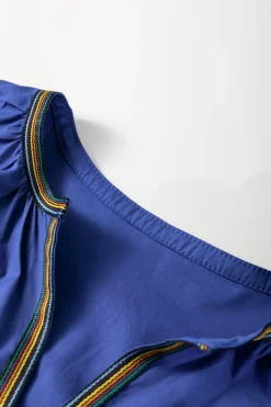 Clearance Dear-Lover Colorful Striped Trim Puff Sleeve Pleated Mini Dress Bluing