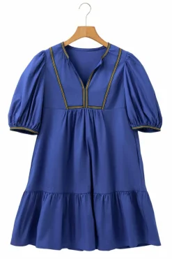Clearance Dear-Lover Colorful Striped Trim Puff Sleeve Pleated Mini Dress Bluing