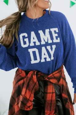 Fashion Dear-Lover Corded GAME DAY Graphic Long Sleeve Crewneck Top Bluing