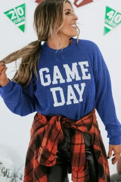 Fashion Dear-Lover Corded GAME DAY Graphic Long Sleeve Crewneck Top Bluing