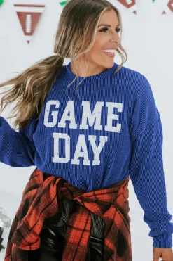 Fashion Dear-Lover Corded GAME DAY Graphic Long Sleeve Crewneck Top Bluing