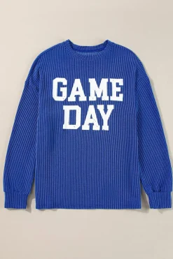 Fashion Dear-Lover Corded GAME DAY Graphic Long Sleeve Crewneck Top Bluing