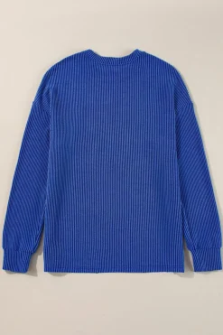 Fashion Dear-Lover Corded GAME DAY Graphic Long Sleeve Crewneck Top Bluing
