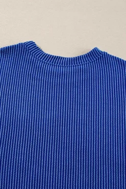 Fashion Dear-Lover Corded GAME DAY Graphic Long Sleeve Crewneck Top Bluing