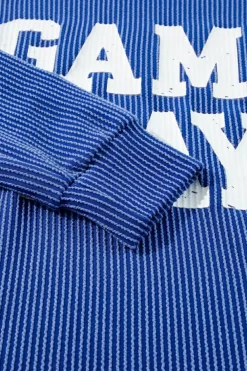 Fashion Dear-Lover Corded GAME DAY Graphic Long Sleeve Crewneck Top Bluing