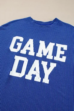 Fashion Dear-Lover Corded GAME DAY Graphic Long Sleeve Crewneck Top Bluing
