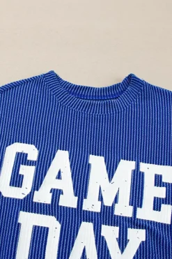 Fashion Dear-Lover Corded GAME DAY Graphic Long Sleeve Crewneck Top Bluing