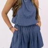 Outlet Dear-Lover Knot Back High Neck Crinkle Textured Romper Bluing