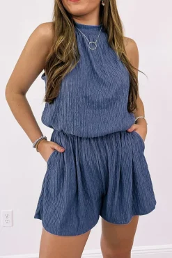 Outlet Dear-Lover Knot Back High Neck Crinkle Textured Romper Bluing