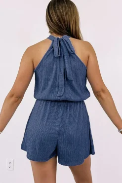 Outlet Dear-Lover Knot Back High Neck Crinkle Textured Romper Bluing