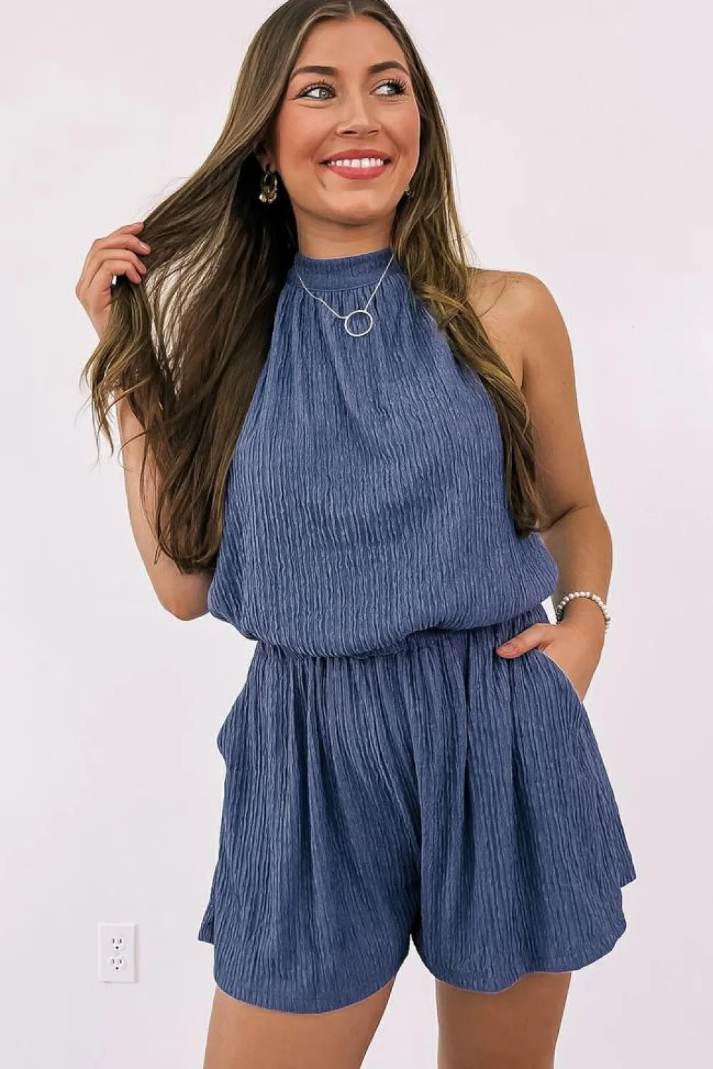 Outlet Dear-Lover Knot Back High Neck Crinkle Textured Romper Bluing