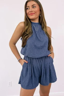 Outlet Dear-Lover Knot Back High Neck Crinkle Textured Romper Bluing