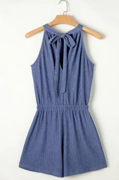 Outlet Dear-Lover Knot Back High Neck Crinkle Textured Romper Bluing