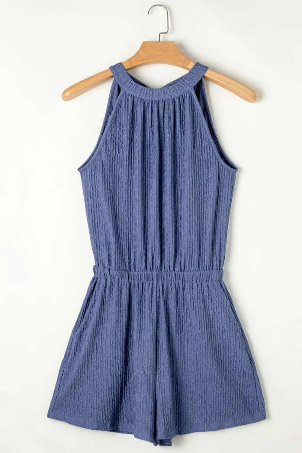 Outlet Dear-Lover Knot Back High Neck Crinkle Textured Romper Bluing