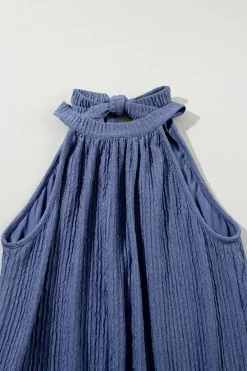 Outlet Dear-Lover Knot Back High Neck Crinkle Textured Romper Bluing