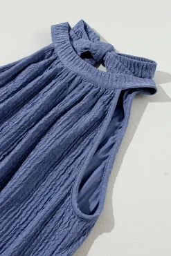 Outlet Dear-Lover Knot Back High Neck Crinkle Textured Romper Bluing