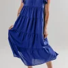 Hot Dear-Lover Ruffled Short Sleeve Collared V Neck Tiered Midi Dress Bluing