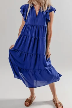 Hot Dear-Lover Ruffled Short Sleeve Collared V Neck Tiered Midi Dress Bluing