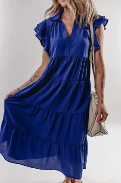 Hot Dear-Lover Ruffled Short Sleeve Collared V Neck Tiered Midi Dress Bluing
