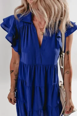 Hot Dear-Lover Ruffled Short Sleeve Collared V Neck Tiered Midi Dress Bluing