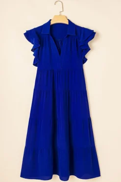 Hot Dear-Lover Ruffled Short Sleeve Collared V Neck Tiered Midi Dress Bluing