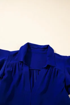 Hot Dear-Lover Ruffled Short Sleeve Collared V Neck Tiered Midi Dress Bluing