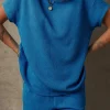 Best Dear-Lover Solid Textured Crew Neck Short Set Bluing