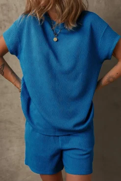 Best Dear-Lover Solid Textured Crew Neck Short Set Bluing