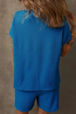 Best Dear-Lover Solid Textured Crew Neck Short Set Bluing