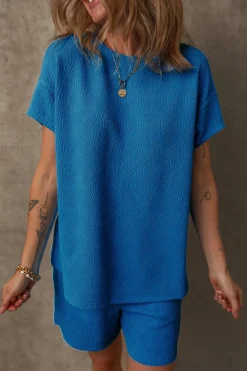 Best Dear-Lover Solid Textured Crew Neck Short Set Bluing